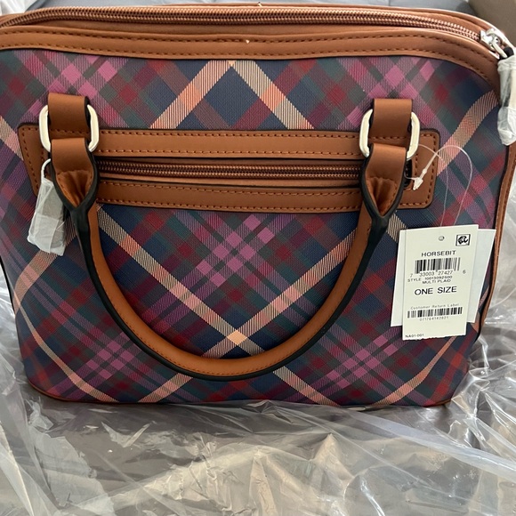 Giani Bernini Pink and Blue Plaid Satchel with Tan Accents - Picture 1 of 4